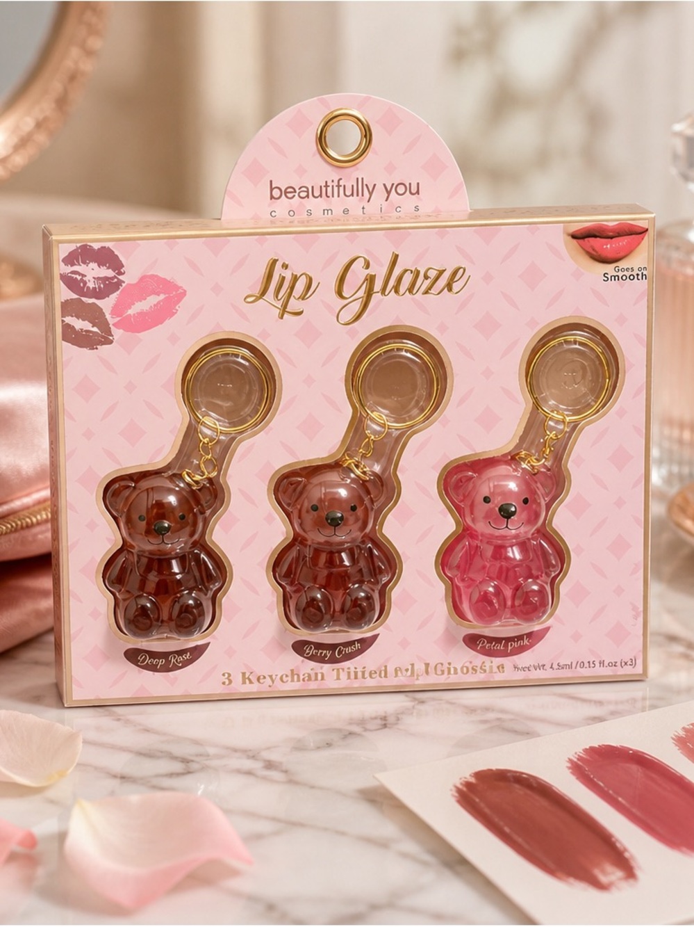 Beautifully You Cosmetics Lip Glaze Bear Keychain Set of 3 Pink Shades New